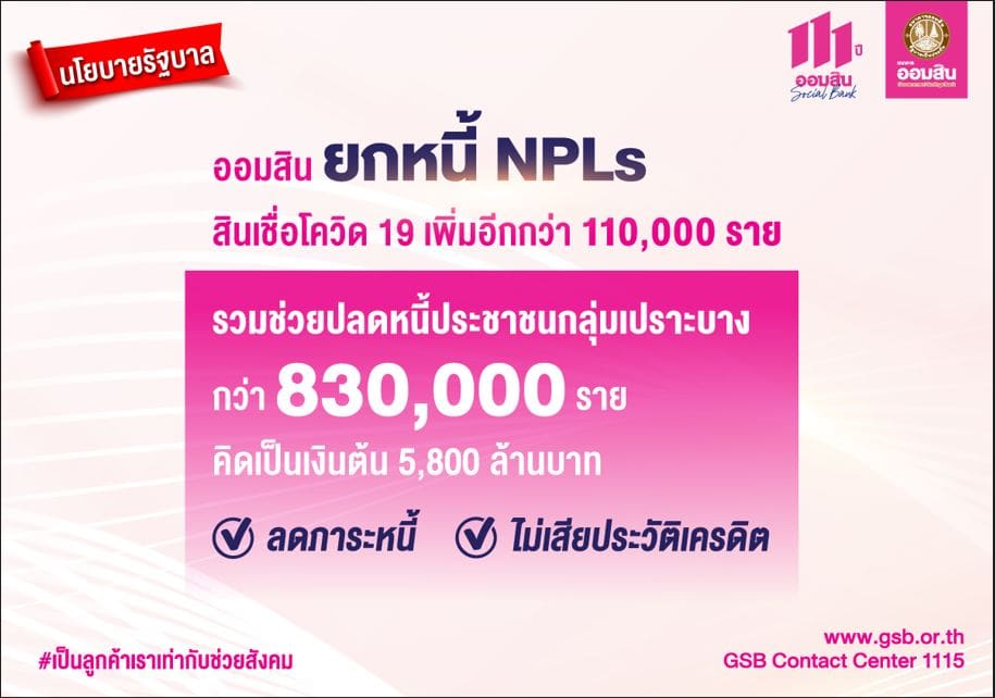 ออมสิน ยกหนี้ NPLs สินเชื่อโควิด 19 เพิ่มอีกกว่า 110,000 ราย ตามนโยบายรัฐรวมช่วยปลดหนี้ประชาชนกลุ่มเปราะบางแล้วมากกว่า 830,000 ราย คิดเป็นเงินต้น 5,800 ลบ.