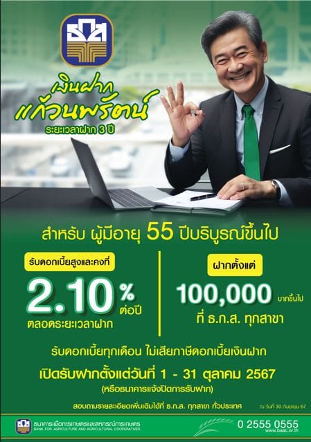 ธ.ก.ส. เอาใจวัยเลอค่า กับเงินฝากแก้วนพรัตน์ และเงินฝากพลอยน้ำงาม
ฝาก 1 แสน รับดอกเบี้ยทุกเดือน สูงสุดถึง 2.10% ต่อปี