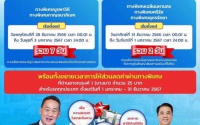 กทพ. มอบของขวัญปีใหม่ประชาชนตามนโยบายของรัฐบาล และกระทรวงคมนาคมโดยการยกเว้นค่าผ่านทางพิเศษ และขยายเวลาการให้ส่วนลดค่าผ่านทาง