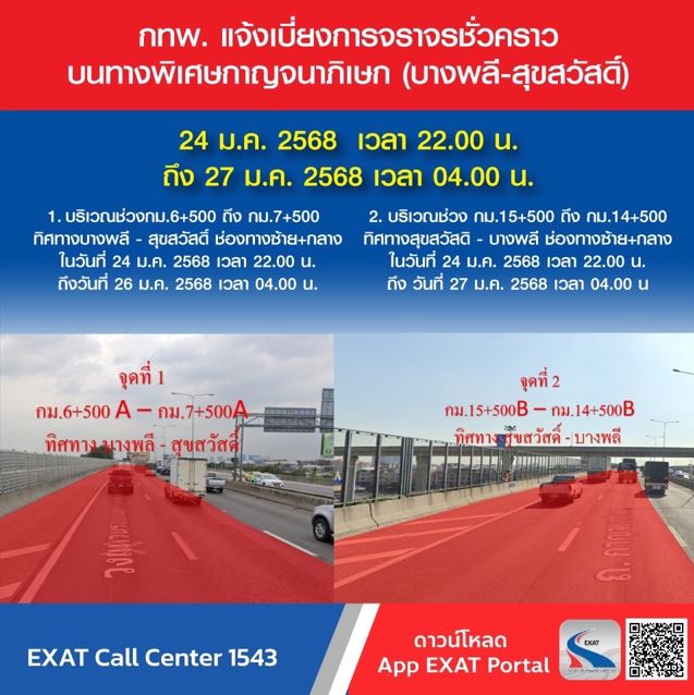 กทพ. แจ้งเบี่ยงการจราจรชั่วคราวบนทางพิเศษกาญจนาภิเษก (บางพลี-สุขสวัสดิ์)24 ม.ค. 2568 เวลา 22.00 น. ถึง 27 ม.ค. 2568 เวลา 04.00 น.
