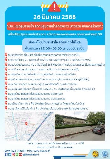 ประกาศ การประปานครหลวง เรื่อง ปรับปรุงระบบท่อประธาน