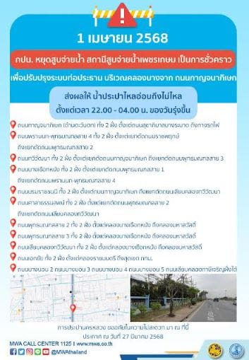 ประกาศ การประปานครหลวง เรื่อง ปรับปรุงระบบท่อประธาน