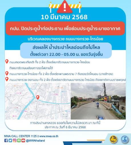 ประกาศ การประปานครหลวง เรื่อง ซ่อมประตูน้ำระบายอากาศ