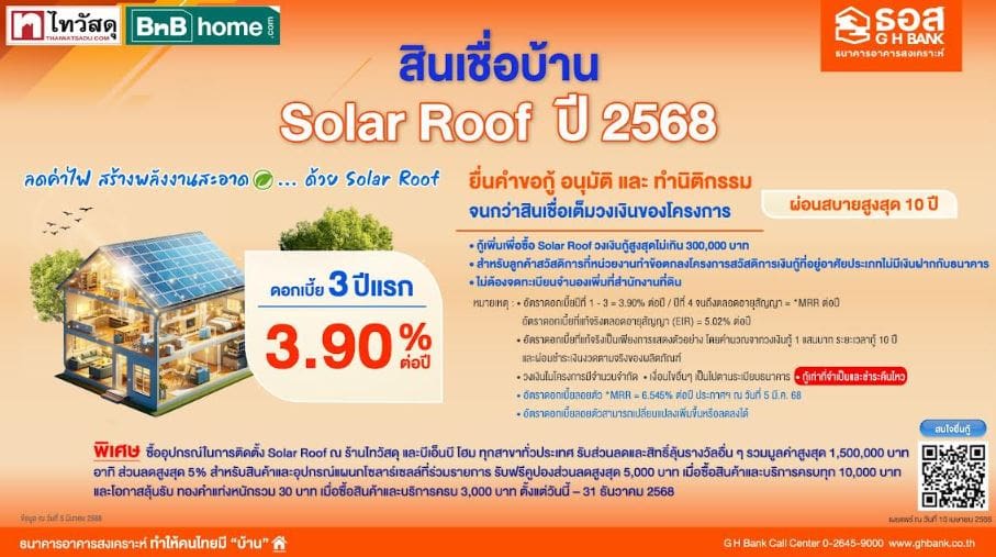 พิเศษสุด! สำหรับลูกค้า ธอส. ยื่นกู้ขอสินเชื่อติดตั้ง Solar Roof รับโปรโมชันส่วนลด พร้อมสิทธิ์ลุ้นรางวัลต่างๆ รวมมูลค่าสูงสุด 1.5 ล้านบาท จากไทวัสดุ