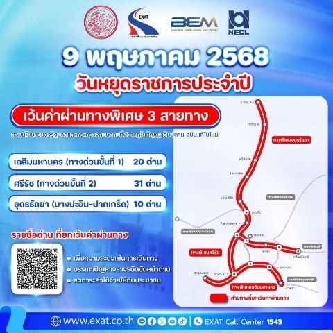 วันที่ 9 พฤษภาคม 2568 กทพ. ยกเว้นค่าผ่านทางพิเศษ 3 สายทาง