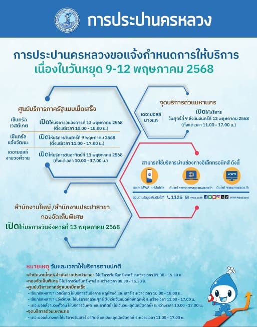 กปน. แจ้งช่องทางบริการ ช่วงวันหยุดยาว 9 – 12 พฤษภาคม 2568