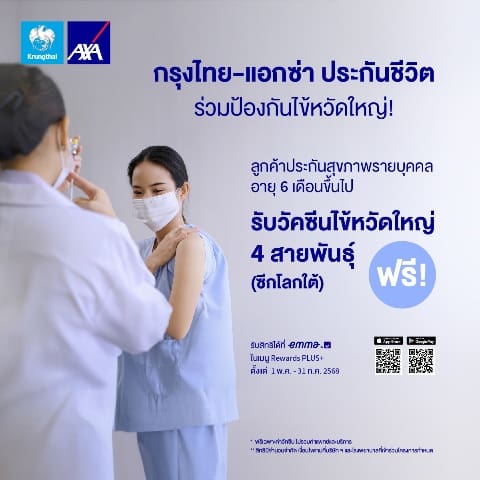 กรุงไทย – แอกซ่า ประกันชีวิต มอบสิทธิพิเศษแก่ลูกค้า เข้ารับการฉีดวัคซีนป้องกันไข้หวัดใหญ่ 4 สายพันธุ์ ผ่านแอบพลิเคชัน Emma by AXA โดยไม่มีค่าใช้จ่ายค่าวัคซีน
