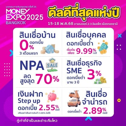 MONEY EXPO 2025 BANGKOK เปิดฉากอลังการ
อัดแน่น 7 โซนบริการการเงินการลงทุนครบวงจร
แบงก์/นอนแบงก์/ประกัน เสิร์ฟดีลแรงแห่งปี