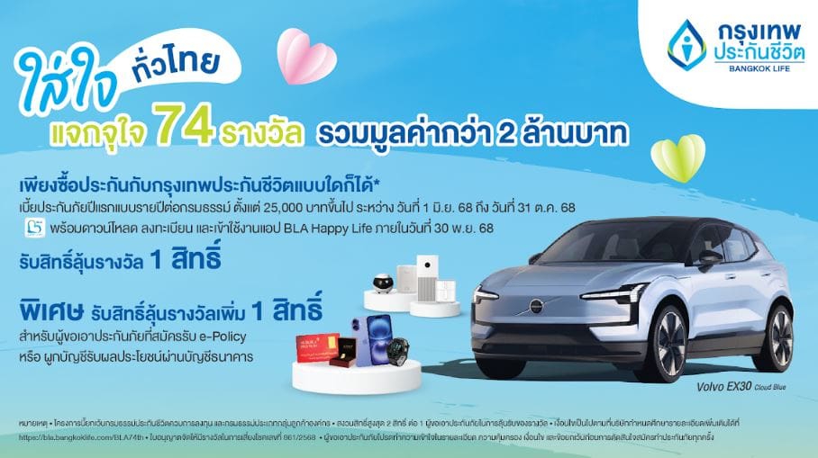 กรุงเทพประกันชีวิต ฉลอง 74 ปี จัดแคมแปญ “ใส่ใจทั่วไทย… แจกจุใจ 74 รางวัล” ลุ้นเป็นเจ้าของรถยนต์ไฟฟ้า Volvo EX30 มูลค่า 1,540,000 บาท