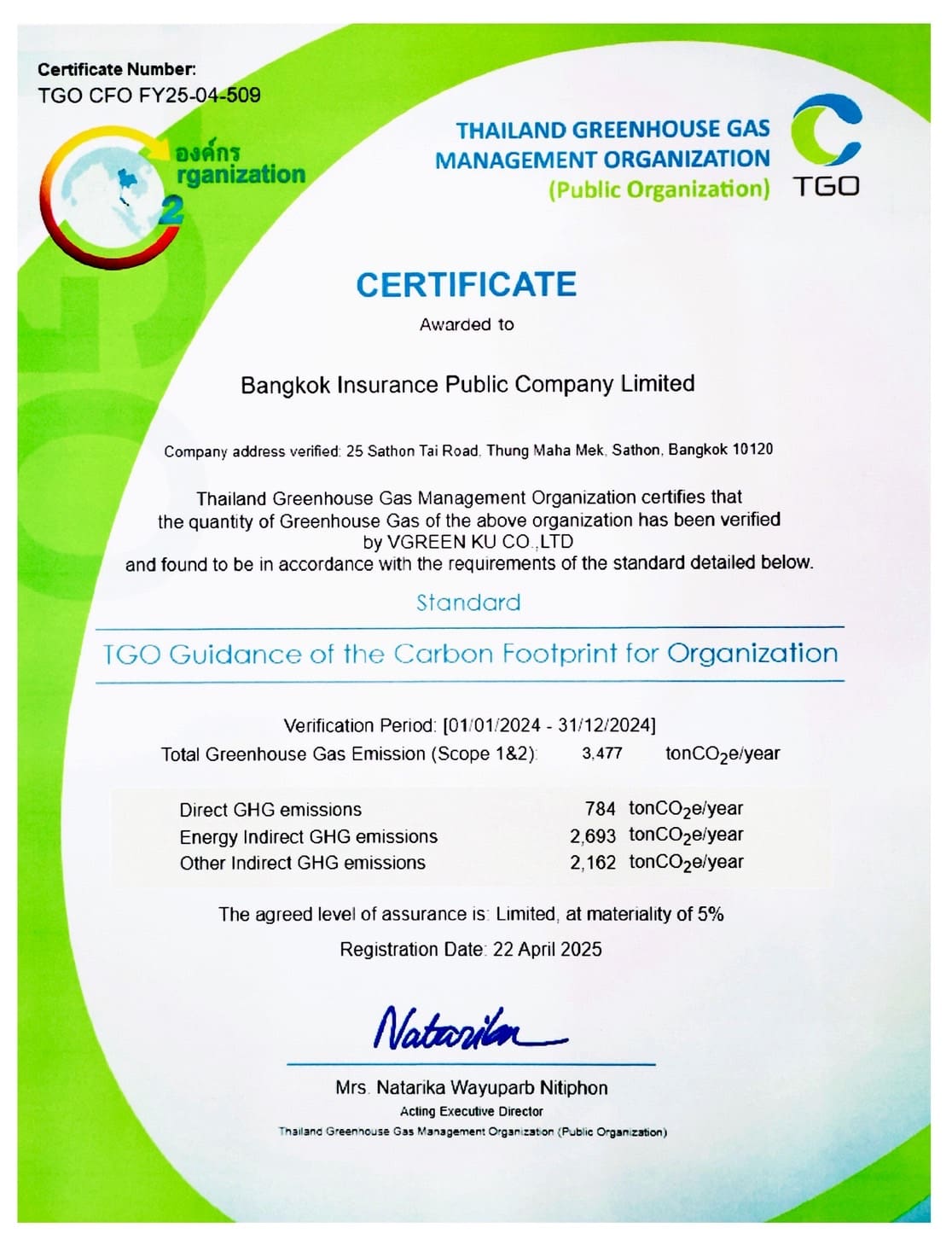 กรุงเทพประกันภัยได้รับประกาศนียบัตรเชิดชูเกียรติ “คาร์บอนฟุตพริ้นท์ขององค์กร” สะท้อนถึงความมุ่งมั่นสู่สังคมคาร์บอนต่ำ
