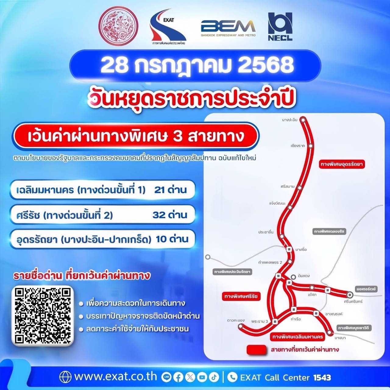 28 กรกฎาคม 2568 กทพ. ยกเว้นค่าผ่านทางพิเศษ 3 สายทาง