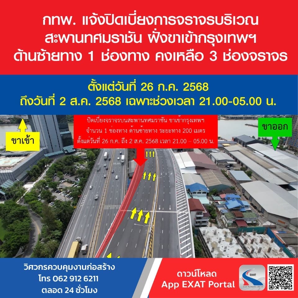 กทพ. แจ้งปิดเบี่ยงการจราจรบริเวณสะพานทศมราชัน ฝั่งขาเข้ากรุงเทพฯ ตั้งแต่ 26 ก.ค. - 2 ส.ค. 2568 ช่วงเวลา 21.00 - 05.00 น.