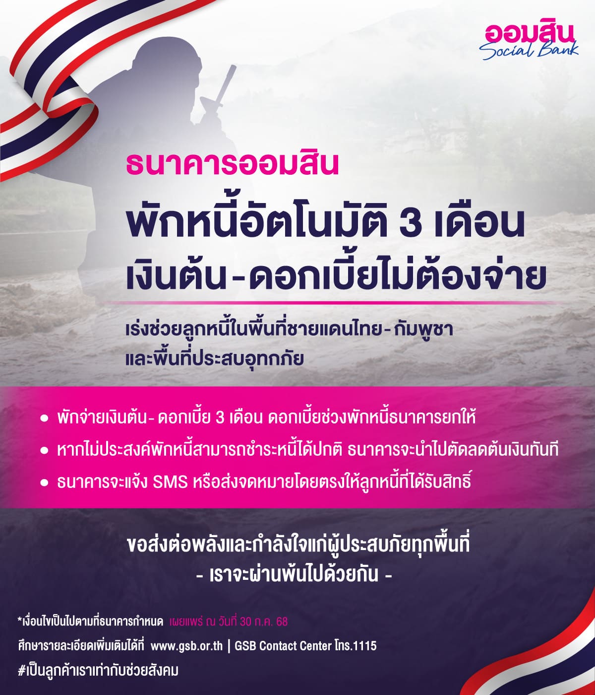 ออมสินพักหนี้อัตโนมัติ 3 เดือน – ยกดอกเบี้ยให้ลูกหนี้ไม่ต้องจ่าย!

เร่งช่วยลูกหนี้ในพื้นที่ชายแดนไทย-กัมพูชา และพื้นที่ประสบอุทกภัย