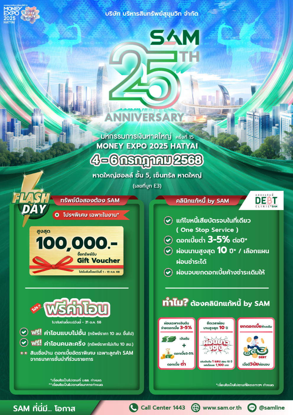 SAM ฉลองครบ 25 ปี ส่งมอบโอกาสเพื่อชาวใต้ งาน “มันนี่ เอ็กซ์โป หาดใหญ่” ขนทรัพย์มือสองกว่า 4,000 รายการ เข้าร่วม จัดโปรเด็ด “ฟรี! ค่าโอน” แจก Gift Voucher มูลค่าสูงสุด 1 แสนบาท พร้อมแคมเปญดอกเบี้ยพิเศษจากแบงก์พันธมิตร และโครงการ “คลินิกแก้หนี้ by SAM” ช่วยแก้หนี้เสียสารพัดบัตร