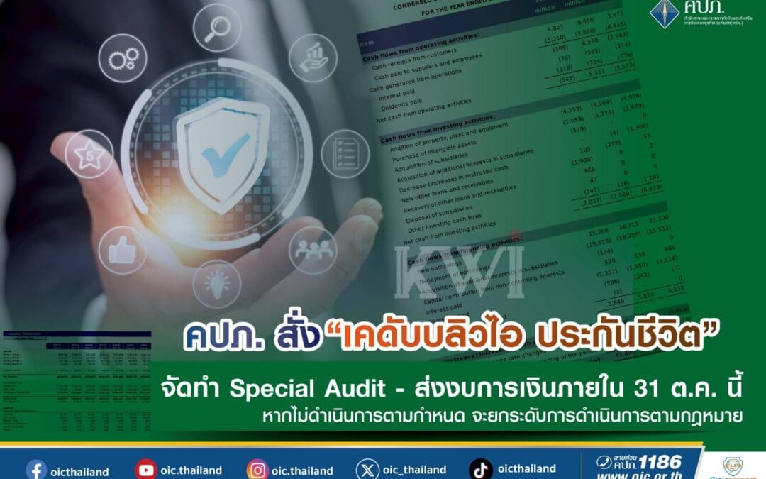 คปภ. สั่ง “เคดับบลิวไอ ประกันชีวิต” จัดทำ Special Audit – ส่งงบการเงินภายใน 31 ต.ค. นี้ หากไม่ดำเนินการตามกำหนด จะยกระดับการดำเนินการตามกฎหมาย