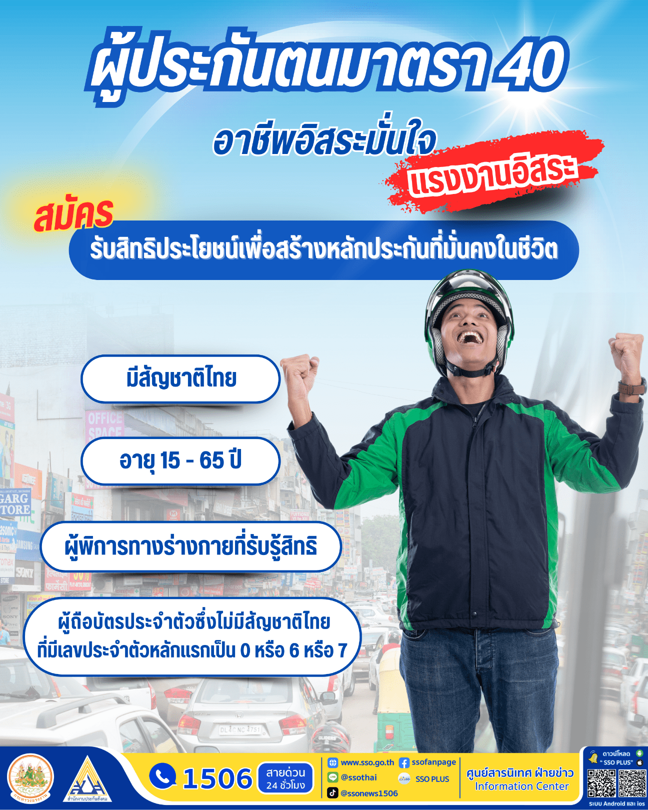อาชีพอิสระมั่นใจ “ประกันสังคมมาตรา 40” ครอบคลุมความคุ้มครอง ยอดสมัครพุ่งทะลุ 11 ล้านคน ชวนแรงงานอิสระรุ่นใหม่ อายุ 15 ปีขึ้นไป สมัครรับสิทธิประโยชน์เพื่อสร้างหลักประกันที่มั่นคงในชีวิต