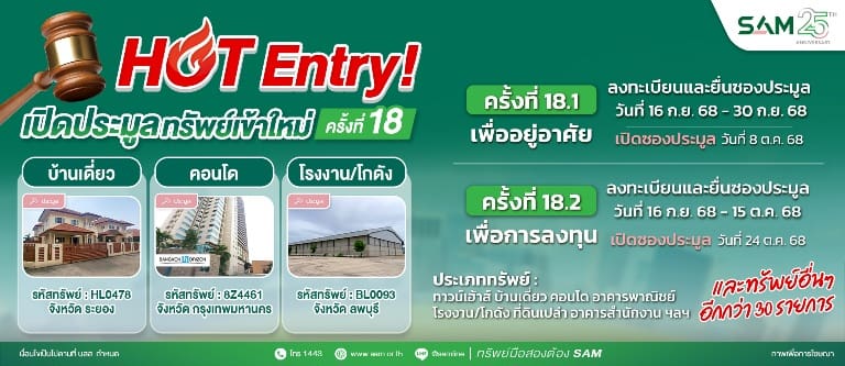 SAM เปิดประมูลทรัพย์มือสองทำเลดีทั่วไทย กว่า 447 ลบ. ไฮไลท์เด่นโรงงาน/โกดังขนาดใหญ่ลพบุรี เกือบ 150 ไร่ พร้อมทรัพย์เพื่อที่อยู่อาศัยราคาดีอีกมากมาย