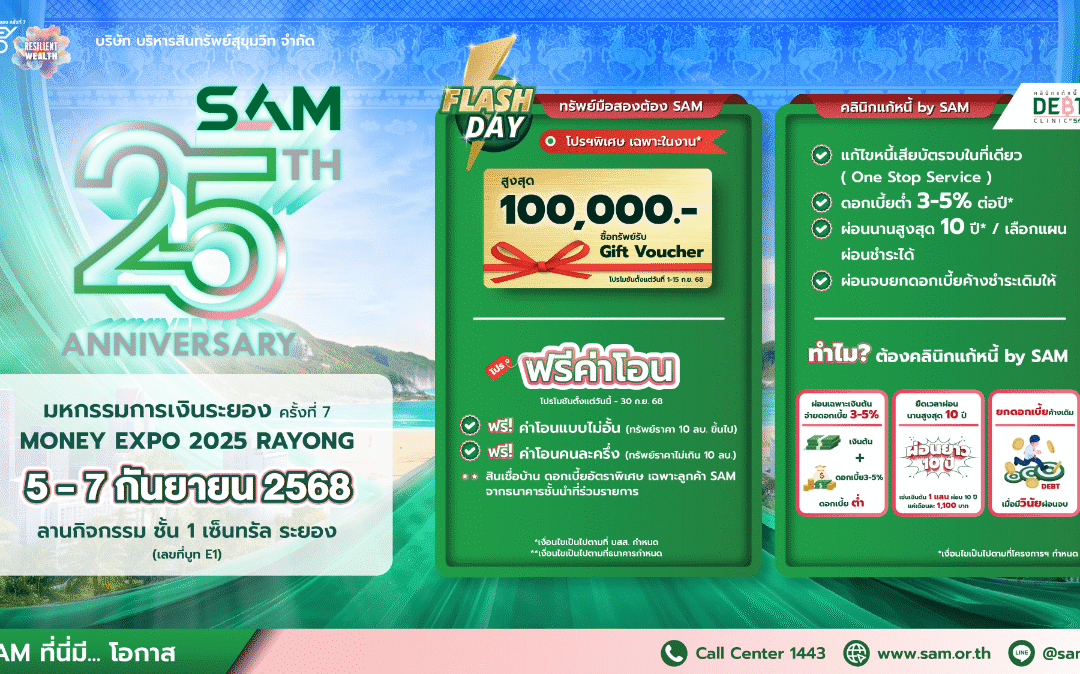 SAM ฉลองครบ 25 ปี รุกตลาด EEC ส่งมอบโอกาสเพื่อชาวภาคตะวันออก ขนทรัพย์มือสองทั้งเพื่อที่อยู่อาศัยและการลงทุนมากกว่า 4,500 รายการ พร้อมโปรฯเด็ด เข้าร่วมงาน “มันนี่ เอ็กซ์โป ระยอง”          ณ เซ็นทรัล ระยอง 5-6 ก.ย.นี้ รวมถึงมาตรการพิเศษช่วยลูกค้า SAM แก้หนี้ NPL และแก้หนี้สารพัดบัตรกับ “คลินิกแก้หนี้ by SAM”