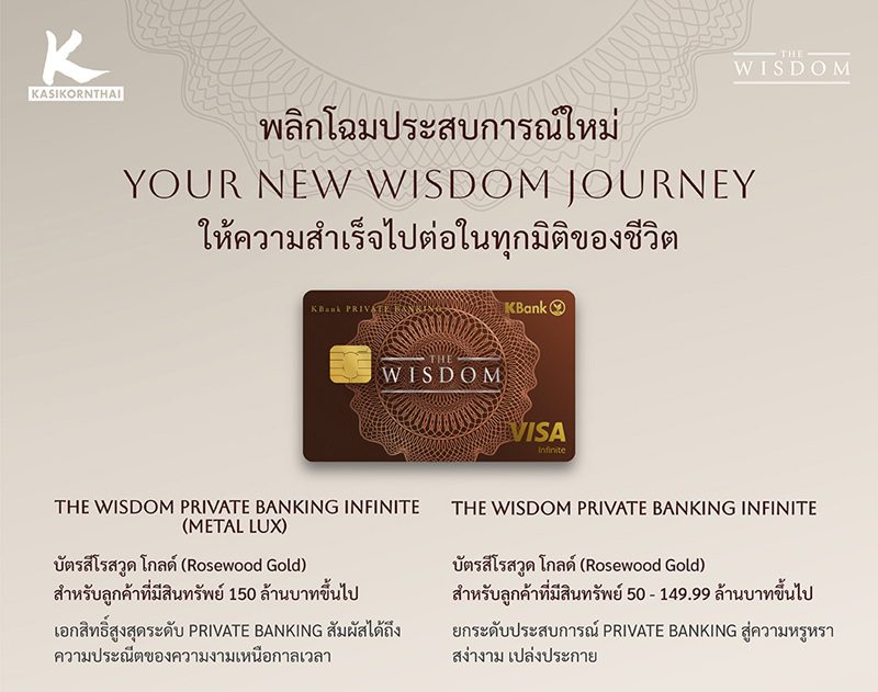 เดอะวิสดอมกสิกรไทย* พลิกโฉมประสบการณ์ใหม่ของลูกค้ากลุ่มเวลธ์ เปิดตัวบัตรเดอะวิสดอม 4 รูปแบบพร้อมดีไซน์ใหม่ ในคอนเซปต์ “Your New WISDOM Journey ให้ความสำเร็จไปต่อในทุกมิติของชีวิต” 
