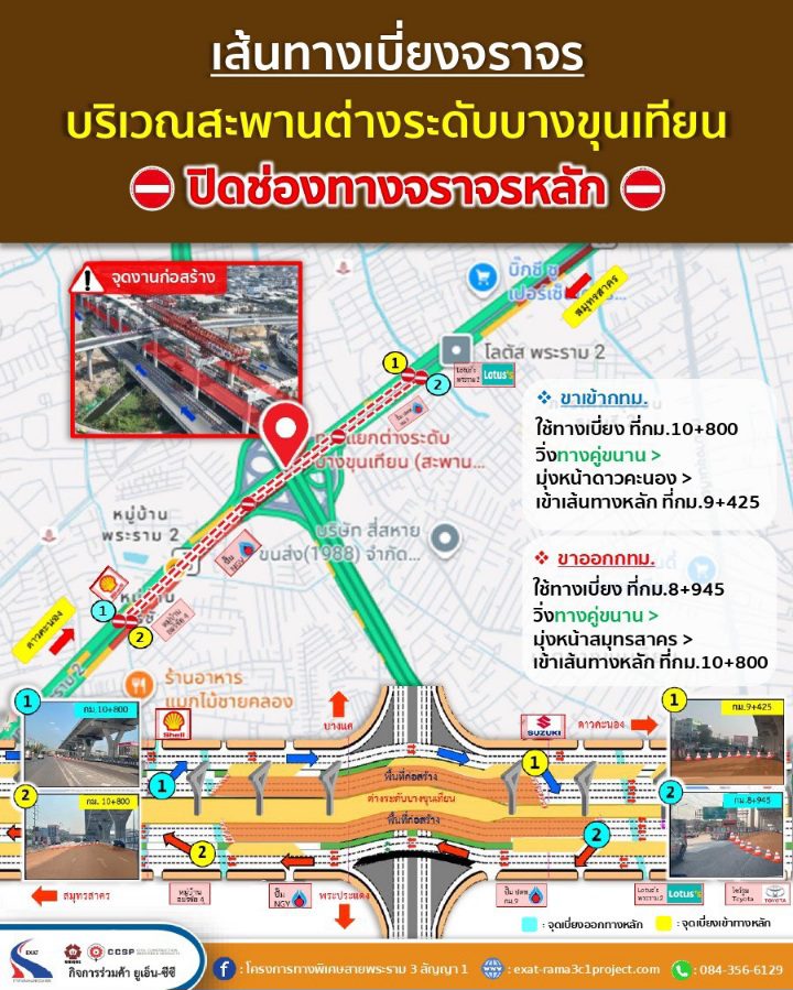 กทพ. ขอปิดเบี่ยงจราจรช่องทางหลัก บริเวณสะพานข้ามแยกทางต่างระดับบางขุนเทียน	