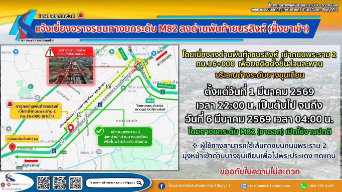 กทพ. แจ้งเบี่ยงจราจรทางยกระดับ M82 (ขาเข้า) ลงด่านพันท้ายนรสิงห์ ชั่วคราว 1 – 6 มีนาคม 2569 เพื่อดำเนินการยกติดตั้งชิ้นส่วนสะพานต่างระดับบางขุนเทียน