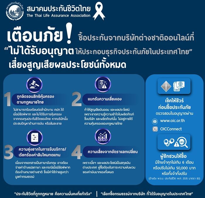 สมาคมประกันชีวิตไทยเตือนภัย ! ซื้อประกันภัยจากบริษัทต่างชาติออนไลน์ที่ “ไม่ได้รับอนุญาตให้ประกอบธุรกิจประกันภัยในประเทศไทย” เสี่ยงสูญเสียผลประโยชน์ทั้งหมด