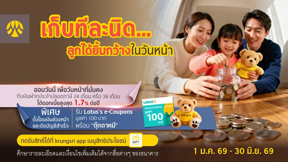 กรุงศรีชวนออมเงินเพื่อลูกได้ง่ายๆ กับบัญชีฝากประจำปลอดภาษีโอนเงินล่วงหน้าผ่าน krungsri app รับ Lotus’s e-Coupons 100 บาท และตุ๊กตาหมี