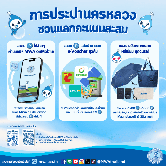 การกระปานครหลวง ชวนแลกคะแนนสะสม เพียงใช้บริการออนไลน์หรือสมัคร MWA e-Bill Service ผ่านแอป MWA onMobile