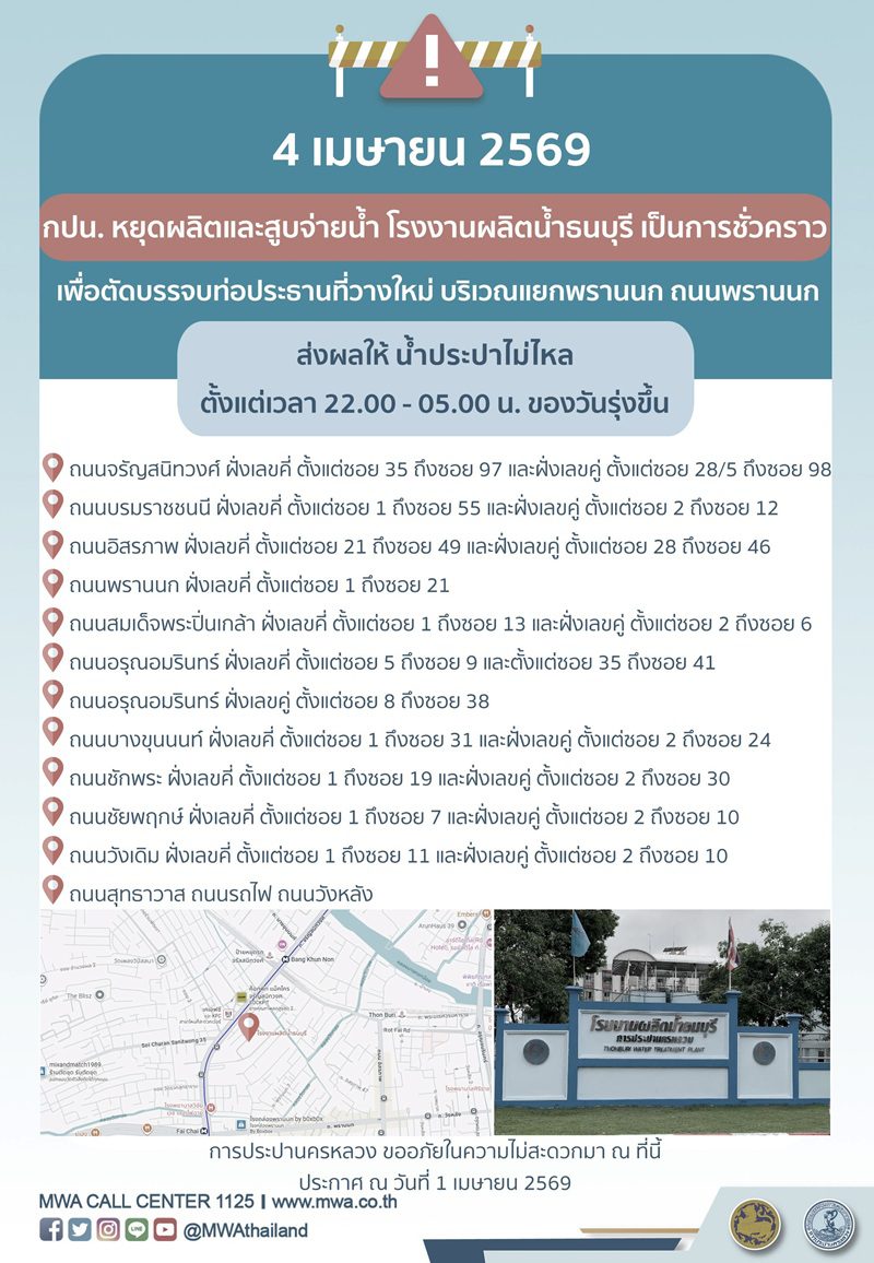 ประกาศ การประปานครหลวง เรื่อง
ตัดบรรจบท่อประธานที่วางใหม่ตามแผน