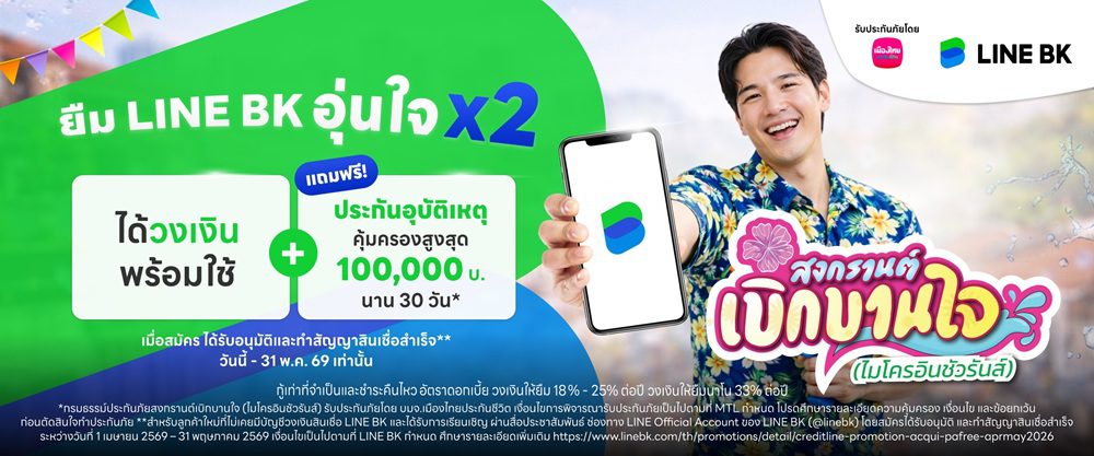 เมืองไทยประกันชีวิต ผนึกกำลัง LINE BK แจก ประกันอุบัติเหตุกลุ่มเพิ่มความอุ่นใจรับเทศกาลสงกรานต์ แก่ลูกค้าสินเชื่อ LINE BK