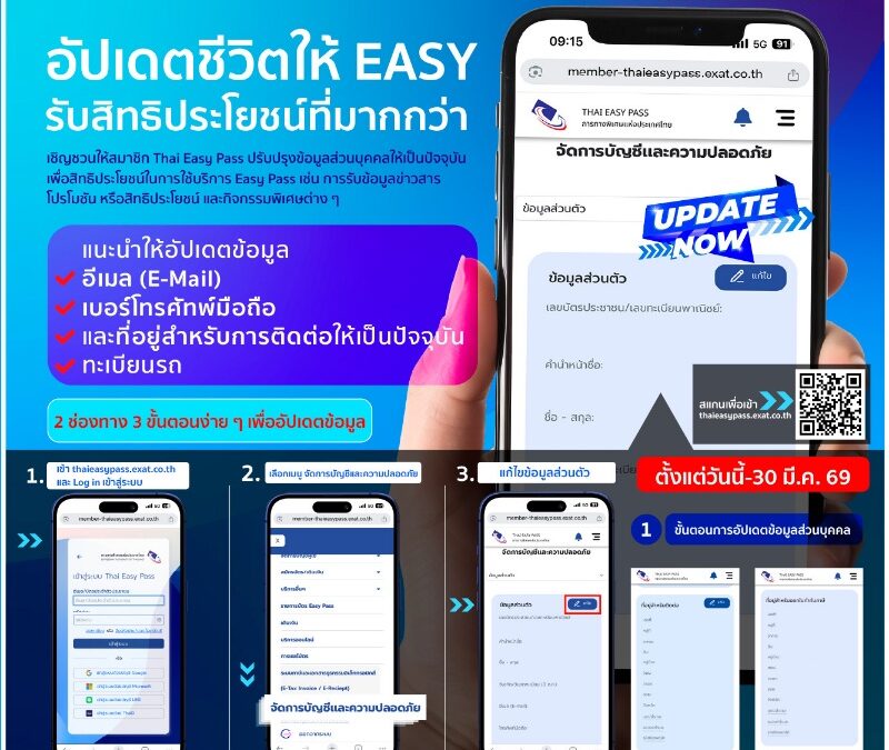 กทพ. เชิญชวนสมาชิก Thai Easy Pass อัปเดตข้อมูลส่วนบุคคลให้เป็นปัจจุบันเพื่อรับสิทธิประโยชน์สูงสุดในการใช้บริการของกทพ.