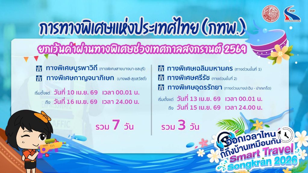 กทพ. ยกเว้นค่าผ่านทางพิเศษ ช่วงเทศกาลสงกรานต์ 2569