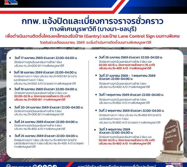 กทพ. แจ้งปิดและเบี่ยงการจราจรชั่วคราว เพื่อปฏิบัติงานติดตั้ง Lane Control Sign ทางพิเศษบูรพาวิถี