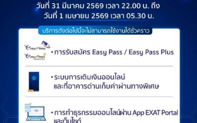 วันนี้ (31 มี.ค.69 เวลา 22.00 น. – 1 เม.ย. 69 เวลา 05.30 น. )กทพ. แจ้งปิดปรับปรุงระบบการสมัคร เติมเงินบัตร Easy Pass และธุรกรรมออนไลน์บนเว็บไซต์ ชั่วคราวเพื่อพัฒนาระบบให้มีประสิทธิภาพมากยิ่งขึ้น
