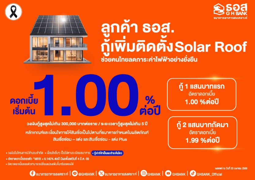 ธอส. ขานรับนโยบายรัฐบาล ให้กู้เพิ่มติดตั้ง Solar Roofอัตราดอกเบี้ยเริ่มต้น 1.00% ต่อปี ช่วยลูกค้าลดภาระค่าไฟฟ้าอย่างยั่งยืน