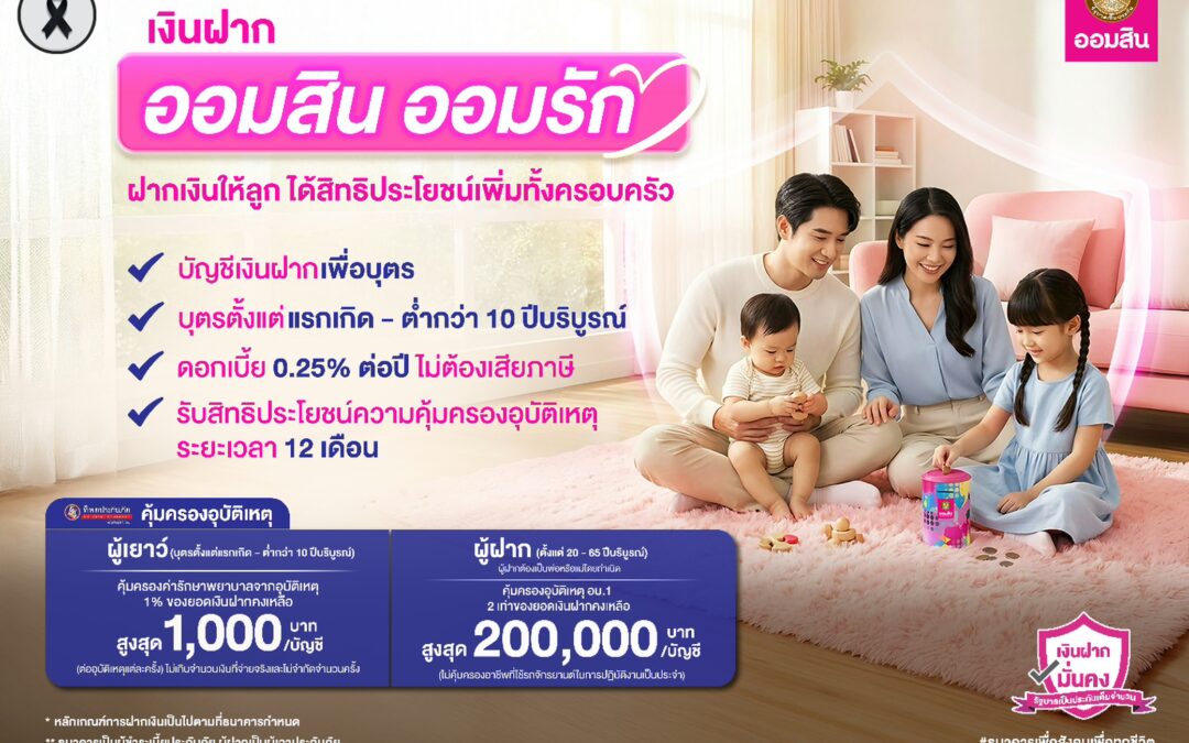 ออมสิน ชวนเปิดบัญชี “ออมสิน ออมรัก” เงินฝากบัญชีแรกของเด็กน้อย อายุไม่เกิน 10 ปีรับสิทธิประโยชน์เพิ่มความคุ้มครองอุบัติเหตุ สูงสุด 2 แสนบาท หนุนให้คนไทยเริ่มออมตั้งแต่แรกเกิด