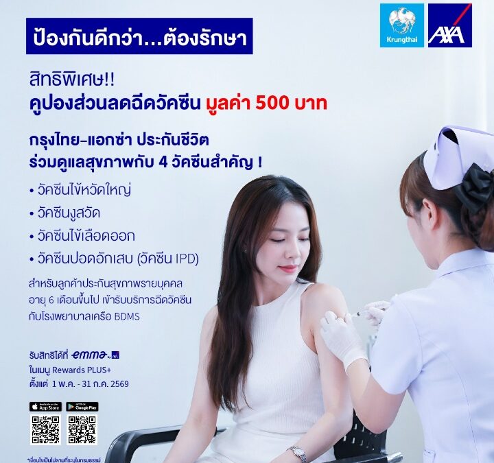 กรุงไทย-แอกซ่า ประกันชีวิต ส่งเสริมสุขภาพเชิงป้องกัน มอบสิทธิพิเศษคูปองวัคซีน 500 บาท เพื่อลูกค้าคนสำคัญ