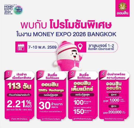 ออมสิน เสิร์ฟโปรแรง Money Expo 2026 เงินฝากดอกเบี้ยสูงสุด 9.99% เทียบเท่าฝากประจำ 2.21% ต่อปี เปิดตัวสินเชื่อ SMEs/เงินฝากใหม่ล่าสุดพร้อมเงื่อนไขพิเศษ และขบวนผลิตภัณฑ์การเงินตอบโจทย์ทุกช่วงชีวิต