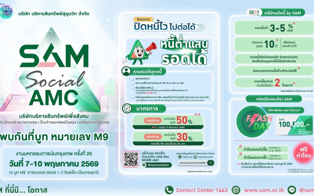 SAM ชูโครงการ “ปิดหนี้ไว ไปต่อได้” ร่วมงาน Money Expo Bangkok 2026ยกโซลูชันแก้หนี้ครบวงจร ให้คนไทยเริ่มต้นใหม่ทางการเงินอย่างยั่งยืนพร้อมเปิดโอกาสลงทุนผ่านทรัพย์ NPA และมาตรการช่วยลูกหนี้ NPL