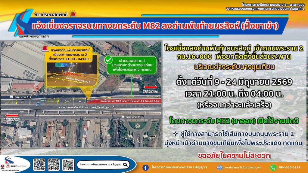 กทพ. แจ้งเบี่ยงจราจรบนทางยกระดับ M82 ลงด่านพันท้ายนรสิงห์ (ฝั่งขาเข้า) วันที่ 9-24 มิ.ย.69