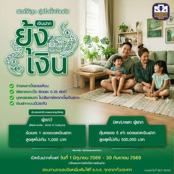 ธ.ก.ส. เปิดตัว “เงินฝากยุ้งเงิน” เงินฝากพร้อมความคุ้มครอง เพื่ออนาคตของเยาวชน รับดอกเบี้ยร้อยละ 0.35 ต่อปี