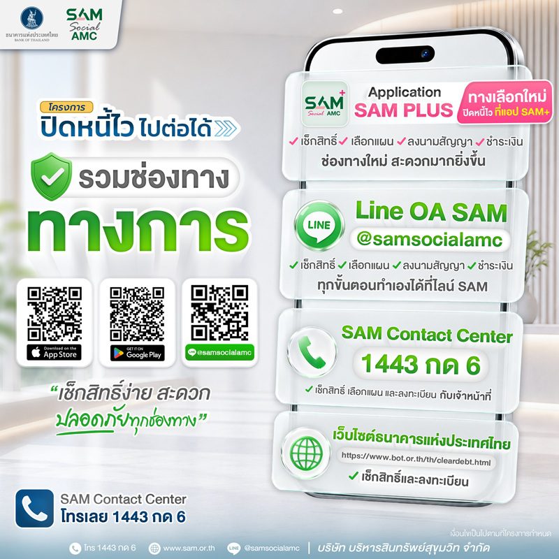 SAM เปิดแอปใหม่ SAM+ เพิ่มทางเลือกลูกค้า “ปิดหนี้ไว ไปต่อได้” แก้หนี้เสียต่ำแสนบนมือถือ ง่าย ครบ จบ ในแอปเดียว พร้อมให้ดาวน์โหลดแล้ววันนี้ทั้ง iOS และ Android