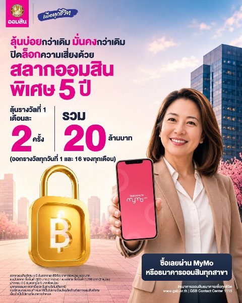 ออมสินชวนฝากเงินแบบมั่นคง 2 แบบ 2 สไตล์ “สลากออมสินพิเศษ 5 ปี” ได้ลุ้นรางวัลเดือนละ 2 รอบ รวม 120 รอบกับ “เงินฝากออมสิน ออมสุข” ฝาก 3 ปี รับดอกเบี้ยทุกเดือนเทียบเท่าฝากประจำ 1.52% ต่อปี ไม่ต้องเสียภาษี