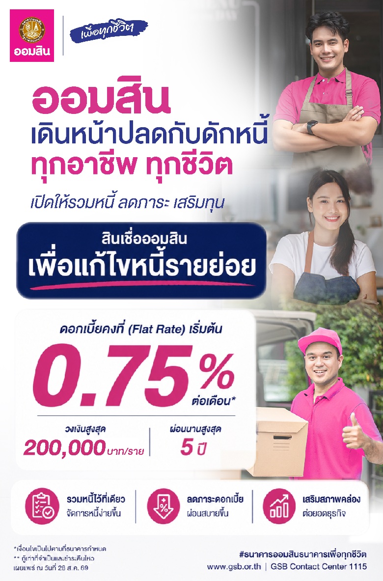 ออมสินเดินหน้าปลดกับดักหนี้ทุกอาชีพ ทุกชีวิต เปิดให้กู้รวมหนี้ “สินเชื่อออมสินเพื่อแก้ไขหนี้รายย่อย” ดอกเบี้ยคงที่เริ่มต้น 0.75% ต่อเดือน ให้ลูกหนี้ชีวิตเบาขึ้น-ลดภาระ-ได้เติมทุน